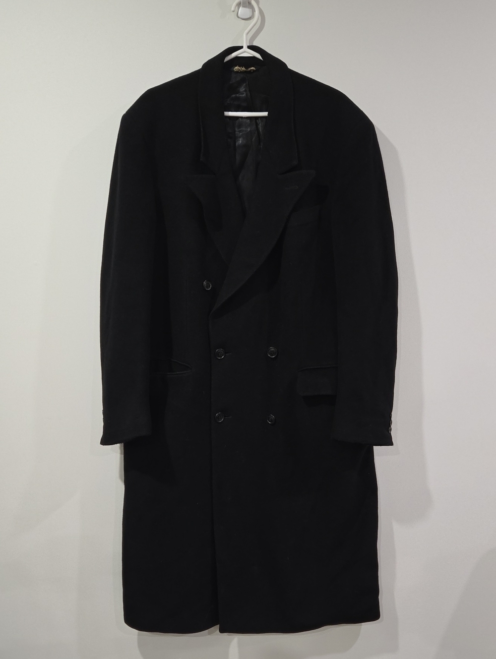 Vintage Duncan Craig Black Double-Breasted Overcoat Wool/Cashmere Blend